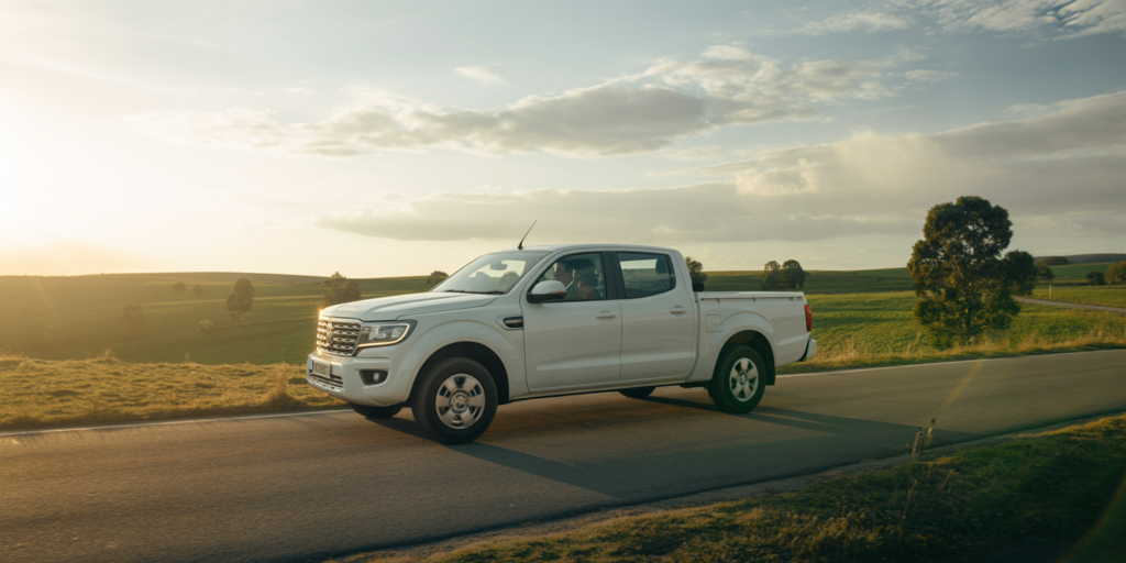 A preloved white bakkie from Raceview Motors driving down the road.