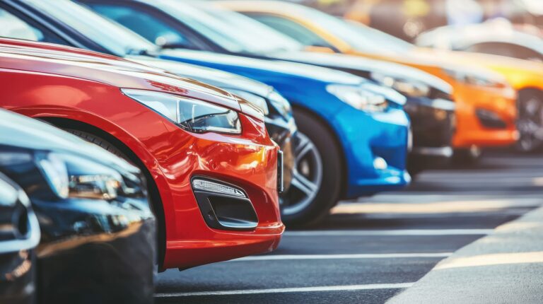 A row of parked vehicles showing with different car colours.