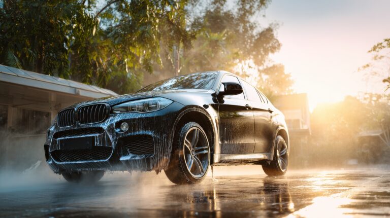 Professional car wash A used, black car being cleaned with soap for vehicle maintenance