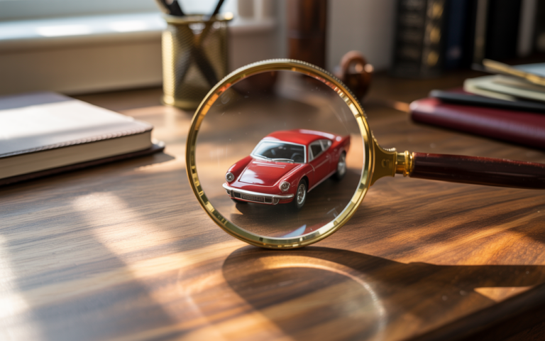 A used car being checked through a magnifying glass