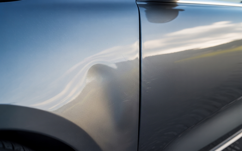 Subtle damage on a silver car, only visible through physical inspection