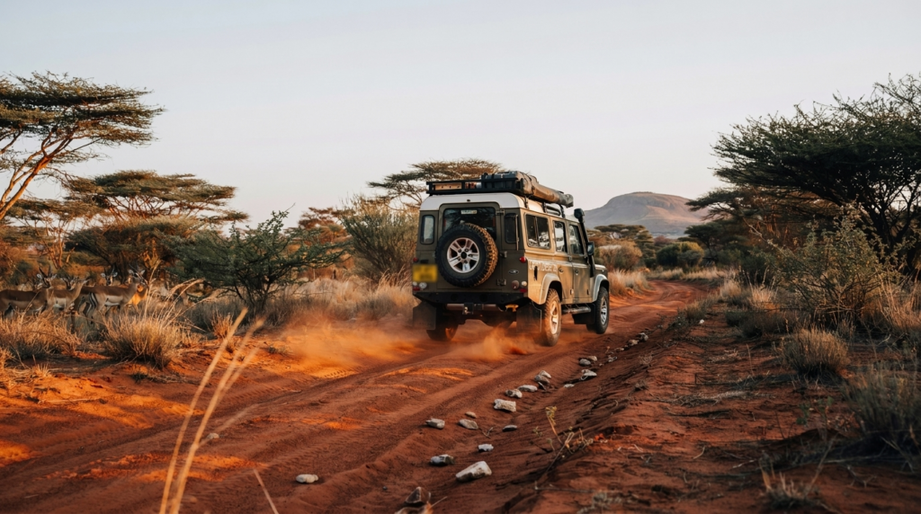 Land Rover Defender driving on a dirt road in the South African bush