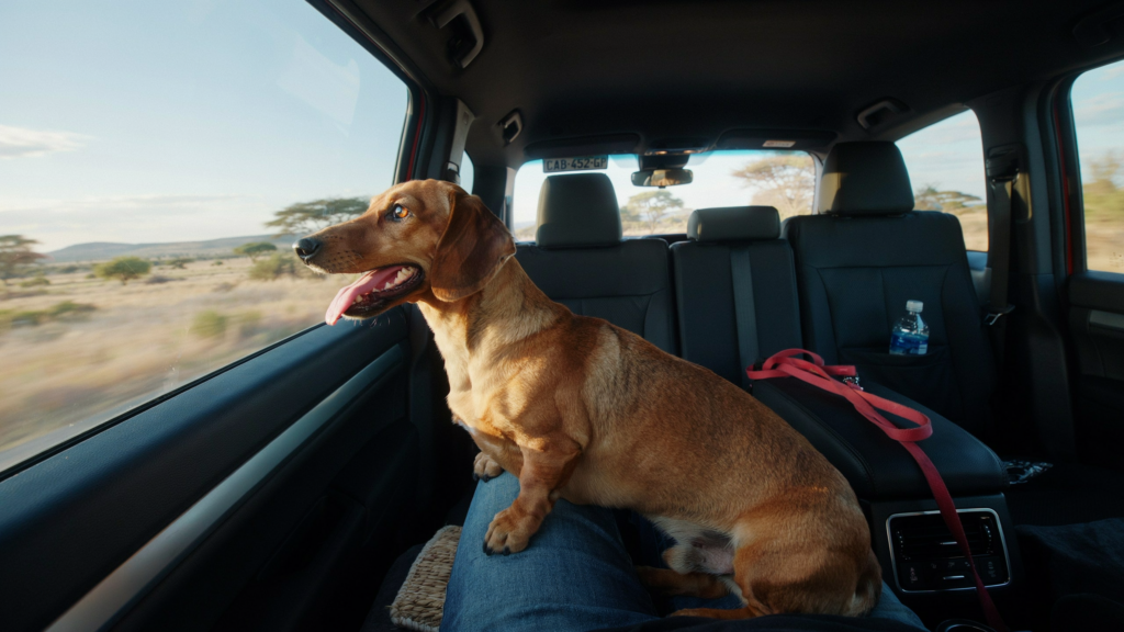 Dog sitting safely in the back seat of a dog-friendly car in South Africa.