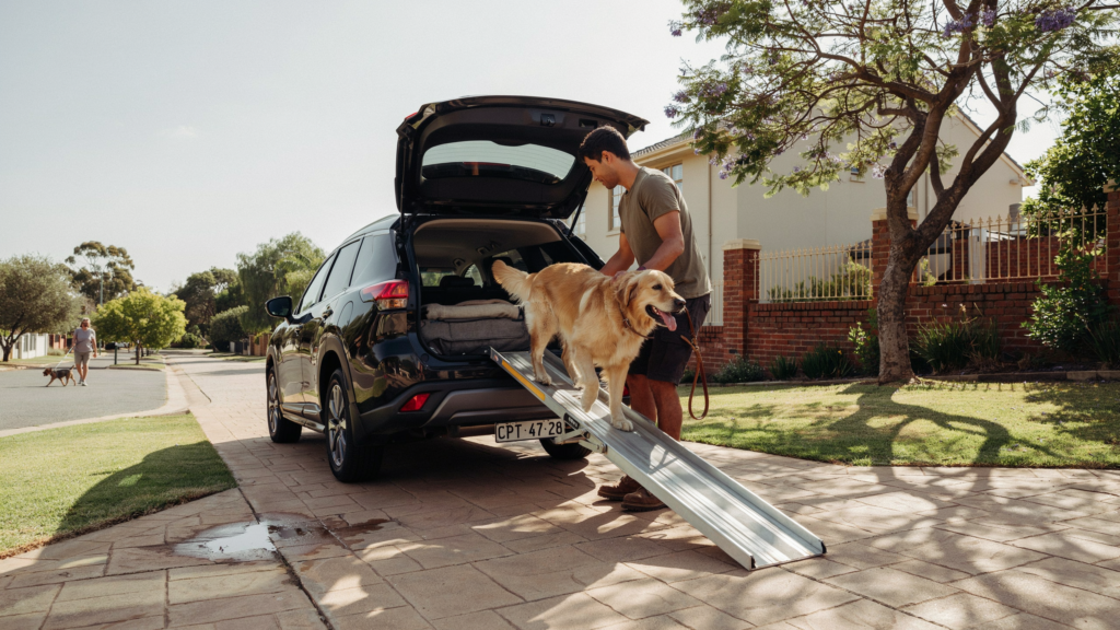Large dog using a loading ramp to enter an SUV, demonstrating dog-friendly car access for older or larger breeds