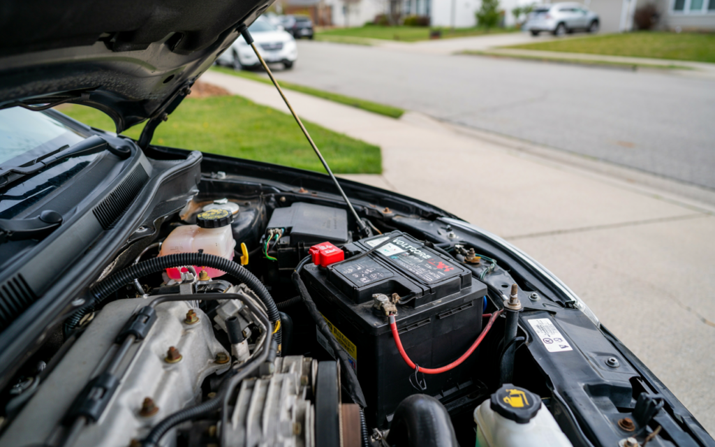 Car Bonnet open, performing a pre-summer vehicle safety check and fluid inspection